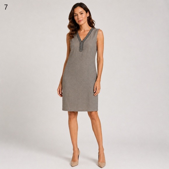 Lina Tomei Dresses & Skirts - Lina Tomei Shift Dress Womens Large Gray Gemstone Collar Linen Ribbed Sides HOLE
